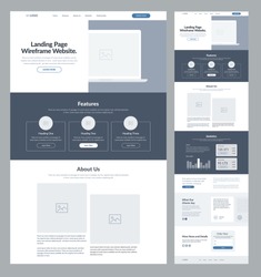 Landing page wireframe site design for business. One page web site layout template. Modern responsive design. UX UI website: home, features, about, statistics, testimonials and order form.