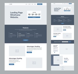 Landing page wireframe site design for business. One page web site layout template. Modern responsive design. UX UI website: home, about us, features, advantages and best offer, 