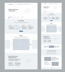 Landing page wireframe design layout template. Modern responsive design UI UX website.