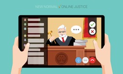 New normal concept and physical distancing, Hands holding tablet and watching the judge adjudges case online for prevention from disease outbreak. Vector illustration of new behavior after Covid-19 pa