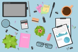 Top view of a modern and stylish workplace. Desktop workplace background. Laptop, computer, folder, documents, notepad, business card, coffee, flash drive, glasses, pencil, pen. Vector illustration.