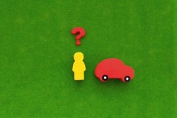Silhouette of a person, question mark, car on a green background. Purchase. sale of a vehicle. market.