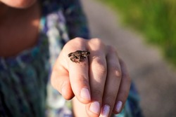 A person tries to kiss a small frog on the hand.