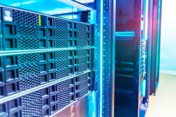 Panel of mainframe of modern servers in data center or ISP