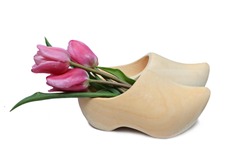 Typical Dutch wooden clog with tulips isolated on white. pair of traditional Dutch 
wooden shoes with little pink tulips over white background