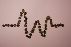 Cardiogram layout made from coffee beans on a pink background.