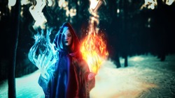 Cosplay, fantastic, artistic photo processing. A girl in a black robe, from her hands comes a fire of 
turquoise and dark yellow and red. Dark magic forest.