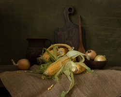Still life with corn.  Raw corn . 