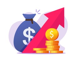 Money profit growth up, cash benefit, economic inflation dollar value increase vector icon, financial earning revenue interest symbol, economy investment arrow up flat cartoon, concept of budget boost