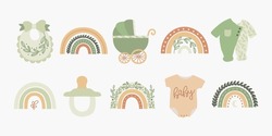Scandinavian boho set with rainbows, bib, carriage, pacifier, clothes in pastel colors. Hand drawn vector elements for nursery decoration, baby shower, party, poster, invitation, postcard