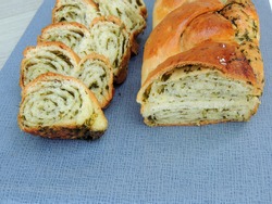 Bread texture of sliced bread, tarragon roll; home baked babka with herbs