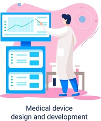 Medical device design and development banner with scientist develop research software and program. Laboratory diagnostic services, chemistry clinic laboratories, microbiology pharmaceutical research