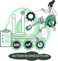 Action business plan, development strategies, foreseeing market risks. Company success secret, idea growing business achieve target metaphor, study production and sales market. Strategic biz planning