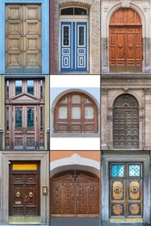 nine wooden doors with beautiful decorative finishes in the historical part of different cities of the world