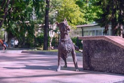 bronze sculpture of a pissing dog on the street of the Russian city of Kislovodsk