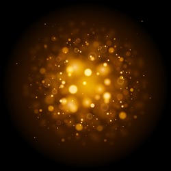 Abstract golden lights bokeh and sparkles. Isolated on a black background. Empty space for text. Detailed vector illustration.