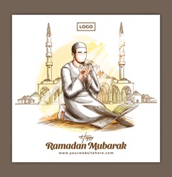 Social Media Square Banner Template for Ramadan Kareem Mubarak Celebration with Muslim Man Pray Hand drawn Illustration