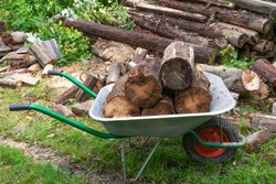 A metal garden cart with wood stands on the ground, against a background of stacked logs and green grass. Close-up, selective focus.