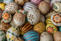 Happy Easter.Colorful hand painted decorated Easter eggs. Handmade Easter craft.Spring decoration background. DIY Festive traditional symbols.Holiday Still life photo selective focus