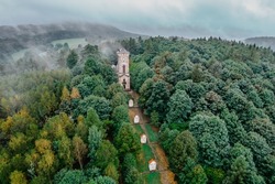 Aerial view of the Way of the Cross (calvary) with 11 chapels all with relief scenes of the saints leads to main chapel,Jiretin pod Jedlovou,Czech Republic.Religious pilgrimage spiritual place.