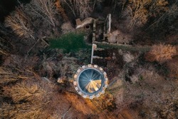 Top down view of Gothic-Renaissance Selmberk castle ruin near the village of Mlada Vozice,Czech republic.It stands on rock,its tower is dominant feature of the ruins and its a lookout tower.