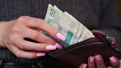 Close-up of female hands take out zloty banknotes from a lilac purse, Polish currency. The concept of currency exchange in another country. Tourism and travel. Selective focus