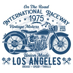 Motorcycle t-shirt design template. International Raceway t shirt. Vintage Motorcycle, bike, biker, motorbike, race, championship vector. los angeles, custom made bike Vector. On the road.