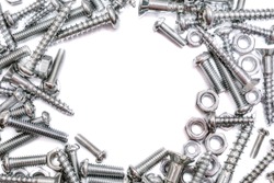 Big Collection Of Iron Screws, Wood Screws and Bolts With A Free Circle For Copy Space