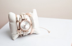 trendy women watch with bracelet and bangle set, fashionable watch and jewellery 
