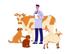 Veterinarian with animals cow, sheep, cat, dog. Health check. Vector illustration in flat cartoon style. Isolated on a white background.