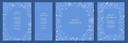 Teal Blue Christmas Template Designs. Beautiful Monochromatic Christmas Backgrounds with blue soft Christmas element patterns. Poster, Vertical Banner, Card, a4 letter. Editable Vector Illustration.