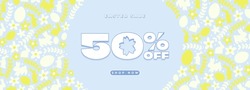 Happy Easter Sale up to 50% off discount typographic design with shop now cta button. Easter bunny, flowers, petals, leaves, vines, easter egg elements. Blue, white, and yellow colors. Vector. EPS 10