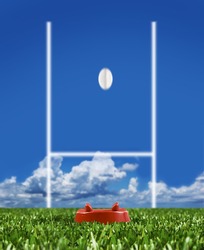 Rugby ball ready to be kicked over the goal posts