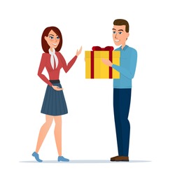 cartoon boy giving girl a gift box. Vector illustration isolated on white background in flat style.