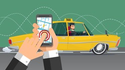 Taxi service. Smartphone and touchscreen, city. Business cartoon concept. Vector creative color illustrations flat design in flat modern style.