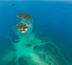 Aerial drone view of Nanga Besar Island and Nanga Kecil Island in Mersing, Johor, Malaysia. The best snorkeling spot in Malaysia.