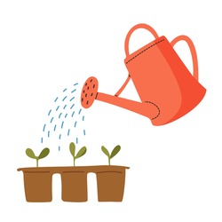 Vector red watering can isolated on a white background. Gardening tools. Seedlings are watered from a watering can.