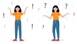Girl confused with question mark isolated on a white background. Woman have a problem. The girl is surprised. Exclamation point. The girl stands in full growth. Vector flat illustration. 