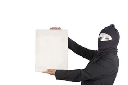 Thief woman hold old white board.