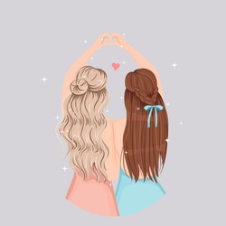 Cute girls make heart with their hand. Pretty hair design. Happy friendship concept. Flat vector illustration isolated.