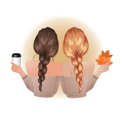 Girl best friend with warm coffee and autumn foliage. Cartoon style vector design