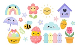 Cute Easter spring collection clipart. Flat vector cartoon design