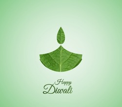 Green Diwali concept. Diwali Candle Light made of green leaf eco energy concept. Green energy or fuel concept. Pray for the green world earth day or environment day concept. 3D Illustration Design.