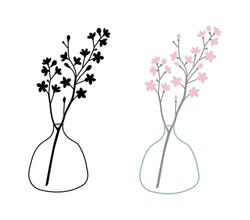 Vector color handdrawn illustration with cherry blossom early spring flowers in vase isolated on white background. Black silhouette of a blossoming tree branch 