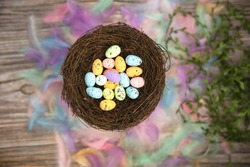 Colorful bright easter eggs in bird nest with Pastel colored feathers and wooden background texture top view, Copy Space, Spring, Easter Holliday, greeting card concept colorful design