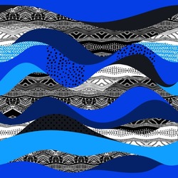 Beautiful abstract sea waves in blue, black and white colors. Seamless vector design with hand drawn ornaments.