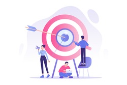 Target marketing concept. PR team or managers attracting customers with megaphone. Successful business or consumer targeting. Focus group. Goal achievement. Online advertising. Vector illustration