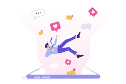 Social media addiction. Sad business man falling into screen of huge smartphone. Comment. Share. Follow. Speech Bubble. Chatting. Social media influence. Modern isolated vector illustration