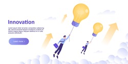 Innovation Concept. Business man flying with light bulb. Business growth. Motivation and Success. Landing page, website template. Home page design. Modern isolated vector illustration for web banner