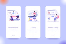 Mobile application design template set for Online Education, E- Learning and Business Training. UI on boarding screens design concept. Modern vector illustrations for user interface